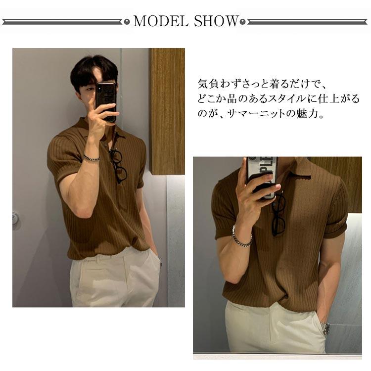 サマーニット ニットポロシャツ メンズ 半袖 リブニット トップス ゴルフ スポーツ ビジネス カジュアル 薄手 無地 全3色 - 画像 (7)