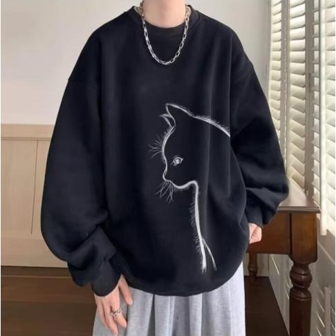 猫Tシャツ メンズ ワッフル生地 トレーナー 長袖Tシャツ 長袖 クルーネック トップス ロゴ カジュアル おしゃれ 春 秋 通学