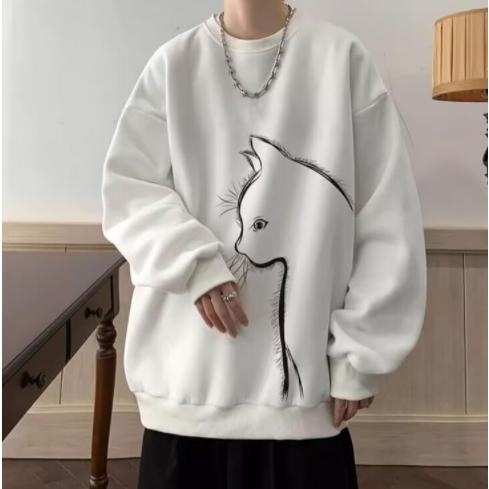 猫Tシャツ メンズ ワッフル生地 トレーナー 長袖Tシャツ 長袖 クルーネック トップス ロゴ カジュアル おしゃれ 春 秋 通学 - 画像 (2)