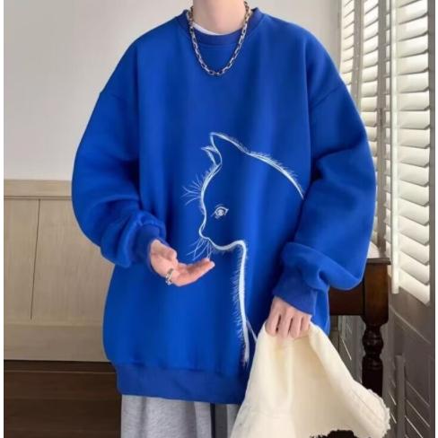 猫Tシャツ メンズ ワッフル生地 トレーナー 長袖Tシャツ 長袖 クルーネック トップス ロゴ カジュアル おしゃれ 春 秋 通学 - 画像 (3)