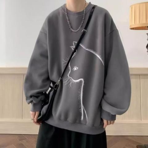 猫Tシャツ メンズ ワッフル生地 トレーナー 長袖Tシャツ 長袖 クルーネック トップス ロゴ カジュアル おしゃれ 春 秋 通学 - 画像 (4)