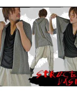 【閉店セール】フード付き7分袖 カーディガン グレー ブラック ML コーディガン ストール付き風 ロング丈 ドレープ カーデ メンズ