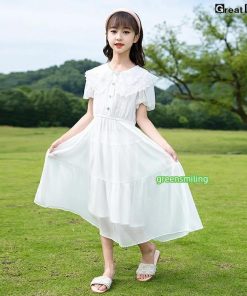 白 ワンピース ピアノ発表会 女の子 可愛い ミモレ丈 レース フォーマル 半袖 子供服 おしゃれ 姫系 キッズ 夏服 韓国 女児 サマ