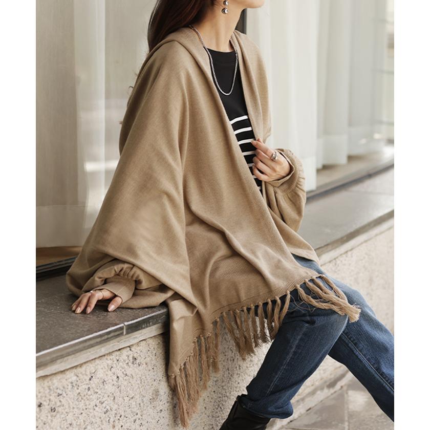 HUG.U カーディガン レディース アウター 大判ストール 大判 大判マフラー フリンジ ストール 無地 羽織り ショール ひざ掛け マフラー ニット ロング ストール風 - 画像 (7)