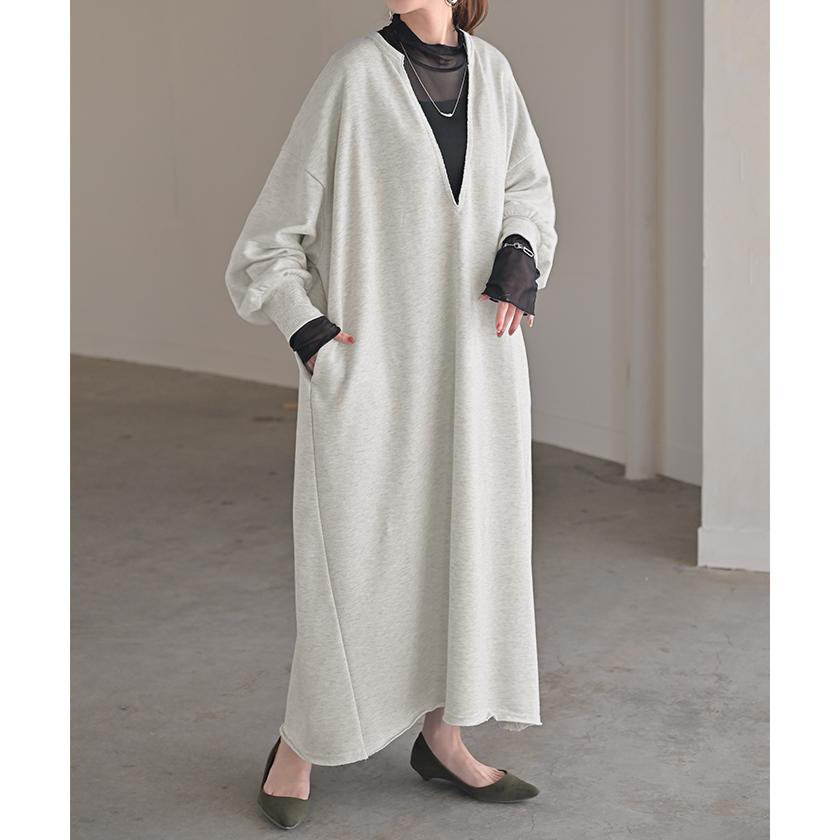 HUG.U ワンピース 深V ぽわん袖 スウェット ワンピ レディース ロング ロングワンピース スエット トレーナー Aライン - 画像 (5)