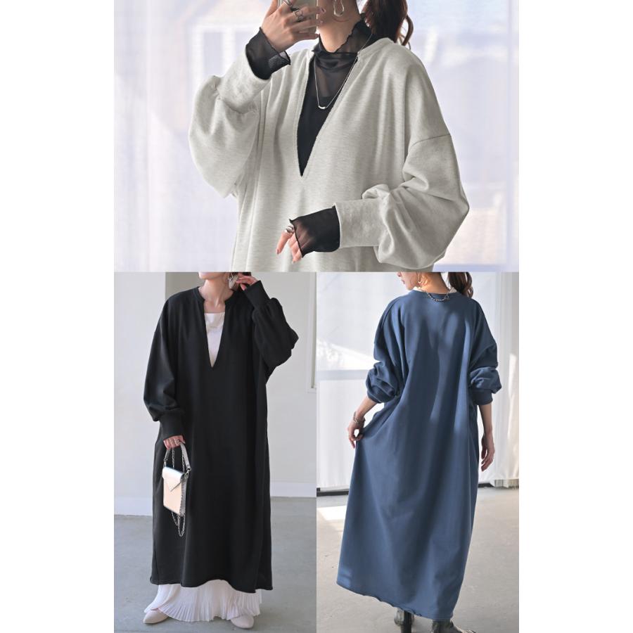 HUG.U ワンピース 深V ぽわん袖 スウェット ワンピ レディース ロング ロングワンピース スエット トレーナー Aライン - 画像 (8)