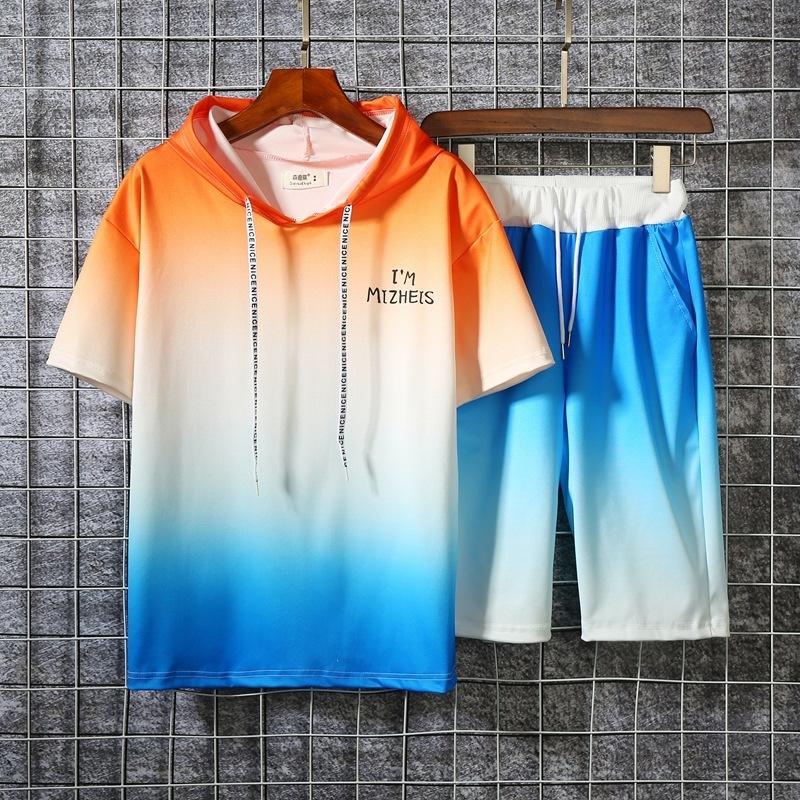 【大特価】グラデーションパーカー 上下セット メンズ 半袖 セットアップ ペアルックジャージ 夏服 切り替え スポーツウエア ルームウェア 部屋着 父の日 - 画像 (7)