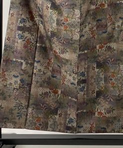紬 身丈156.5cm 裄丈63.5cm S 袷 ますいわ屋 草花 幾何学模様 茶紫 正絹 秀品 中古