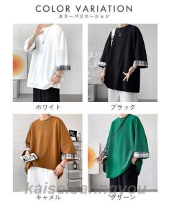 Tシャツ メンズ トップス 七分袖 半袖 ロング 長め ビッグシルエット 大きめ オーバーサイズ チェック柄 クルーネック 無地 お洒落 春 夏 秋