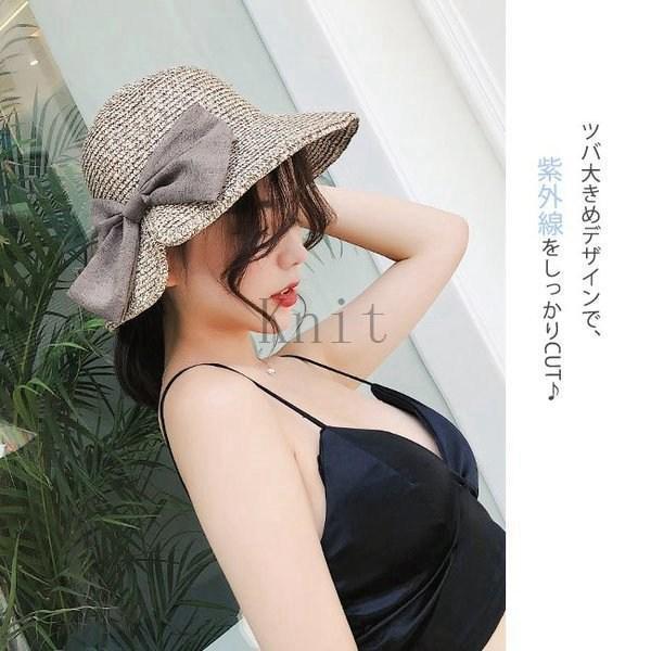 【値下げ】麦わら帽子レディースリボンスリットつば広ワイヤー入りサイズ調整可折りたたみハット日よけ帽子おしゃ - 画像 (2)