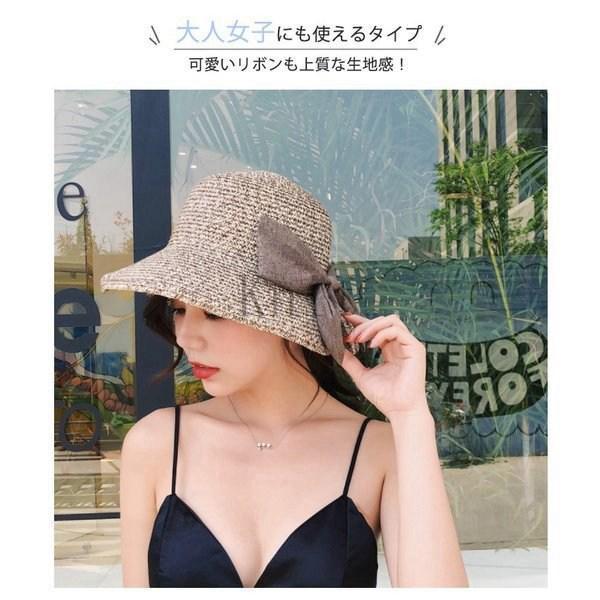 【値下げ】麦わら帽子レディースリボンスリットつば広ワイヤー入りサイズ調整可折りたたみハット日よけ帽子おしゃ - 画像 (6)