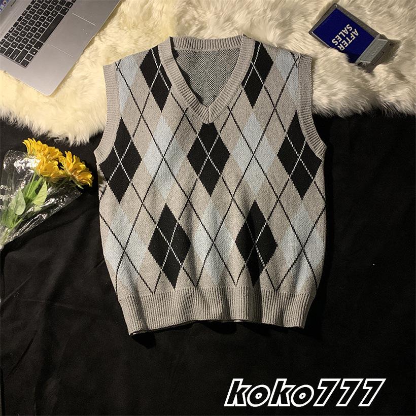 ベスト メンズ セーター ジレー チョッキ ニット カットソー Vネック 菱形 スクール カジュアル 上着 柄物 プルオーバー 男女通用 おしゃれトップス