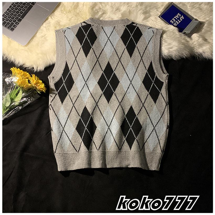 ベスト メンズ セーター ジレー チョッキ ニット カットソー Vネック 菱形 スクール カジュアル 上着 柄物 プルオーバー 男女通用 おしゃれトップス - 画像 (2)