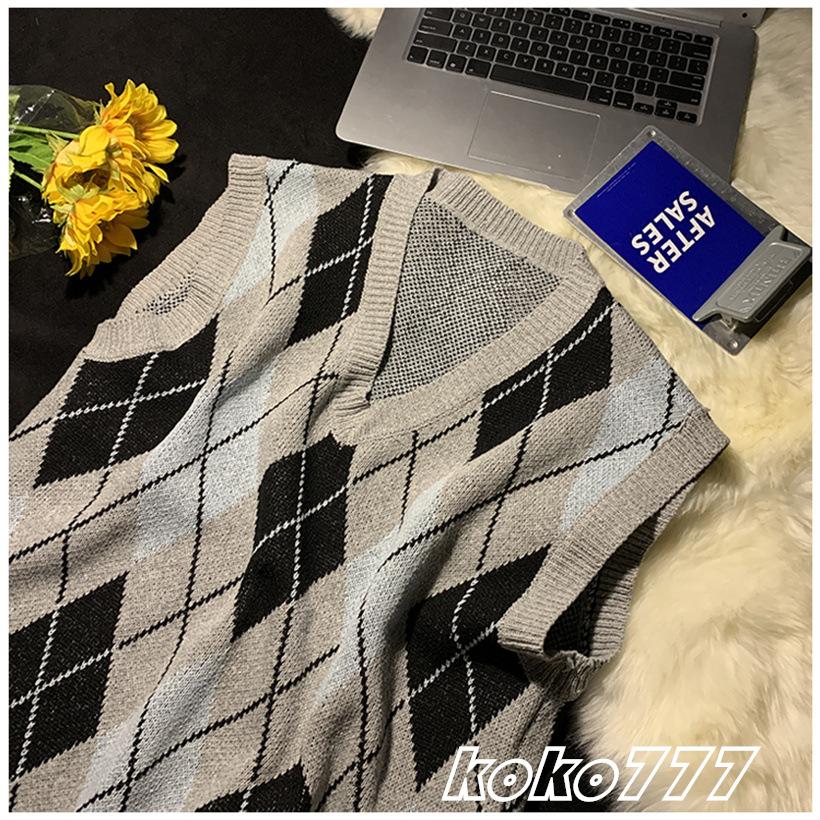 ベスト メンズ セーター ジレー チョッキ ニット カットソー Vネック 菱形 スクール カジュアル 上着 柄物 プルオーバー 男女通用 おしゃれトップス - 画像 (3)