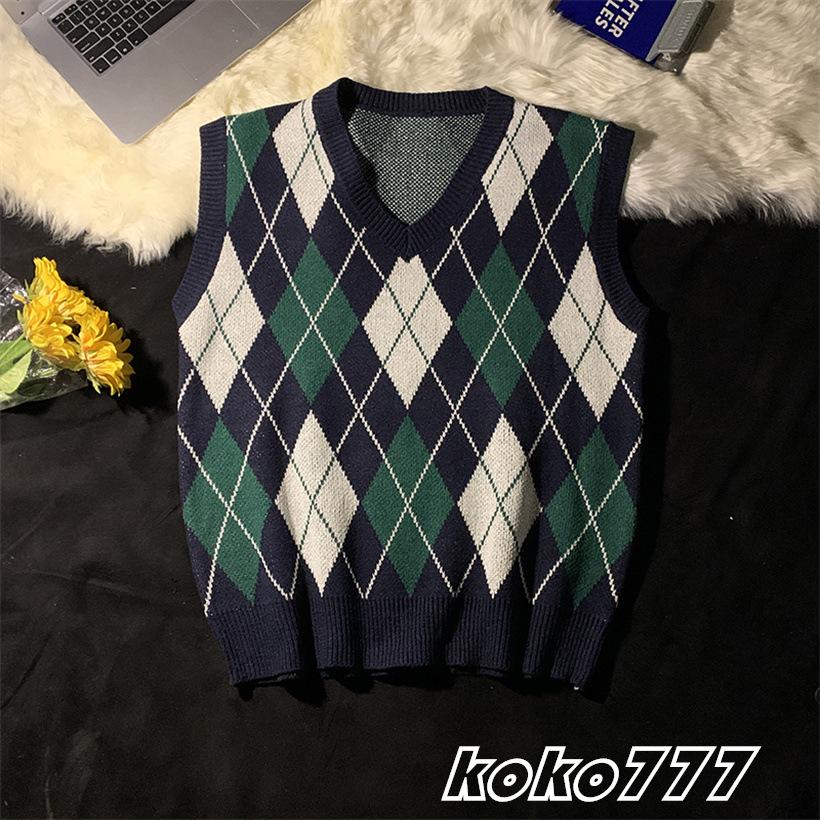 ベスト メンズ セーター ジレー チョッキ ニット カットソー Vネック 菱形 スクール カジュアル 上着 柄物 プルオーバー 男女通用 おしゃれトップス - 画像 (4)