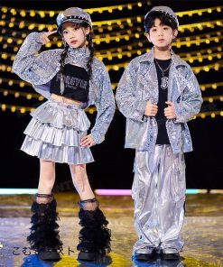 アウター シルバー キラキラ スパンコール キッズ ダンス 衣装 セットアップ ヒップホップ へそ出し トップス ベスト ダンス衣装 チアガール スカート ロングパ