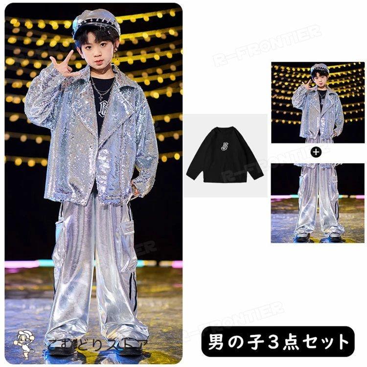 アウター シルバー キラキラ スパンコール キッズ ダンス 衣装 セットアップ ヒップホップ へそ出し トップス ベスト ダンス衣装 チアガール スカート ロングパ - 画像 (4)