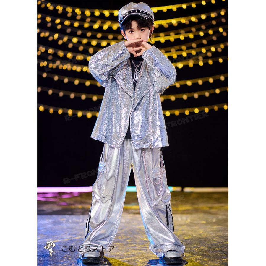 アウター シルバー キラキラ スパンコール キッズ ダンス 衣装 セットアップ ヒップホップ へそ出し トップス ベスト ダンス衣装 チアガール スカート ロングパ - 画像 (9)