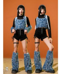 キッズ へそ出し トップス ダンス衣装 女の子 青 セットアップ キラキラ 長袖 黒 短パンツ かっこいい 韓国 k-pop衣装 ヒップホップ ジャズダンス スパンコール