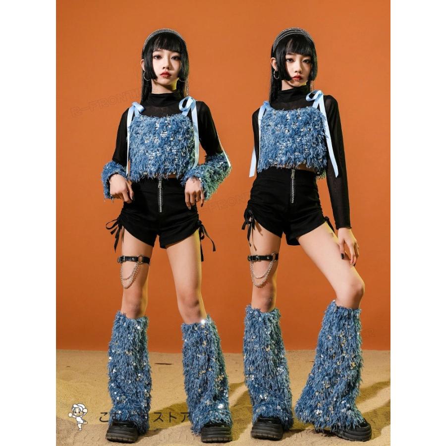 キッズ へそ出し トップス ダンス衣装 女の子 青 セットアップ キラキラ 長袖 黒 短パンツ かっこいい 韓国 k-pop衣装 ヒップホップ ジャズダンス スパンコール