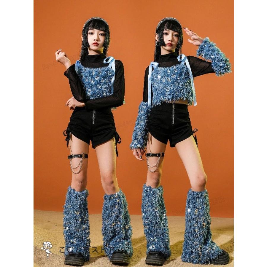 キッズ へそ出し トップス ダンス衣装 女の子 青 セットアップ キラキラ 長袖 黒 短パンツ かっこいい 韓国 k-pop衣装 ヒップホップ ジャズダンス スパンコール - 画像 (2)