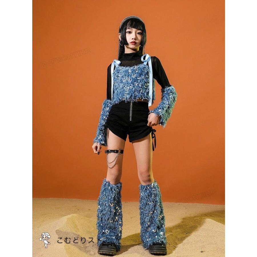 キッズ へそ出し トップス ダンス衣装 女の子 青 セットアップ キラキラ 長袖 黒 短パンツ かっこいい 韓国 k-pop衣装 ヒップホップ ジャズダンス スパンコール - 画像 (3)