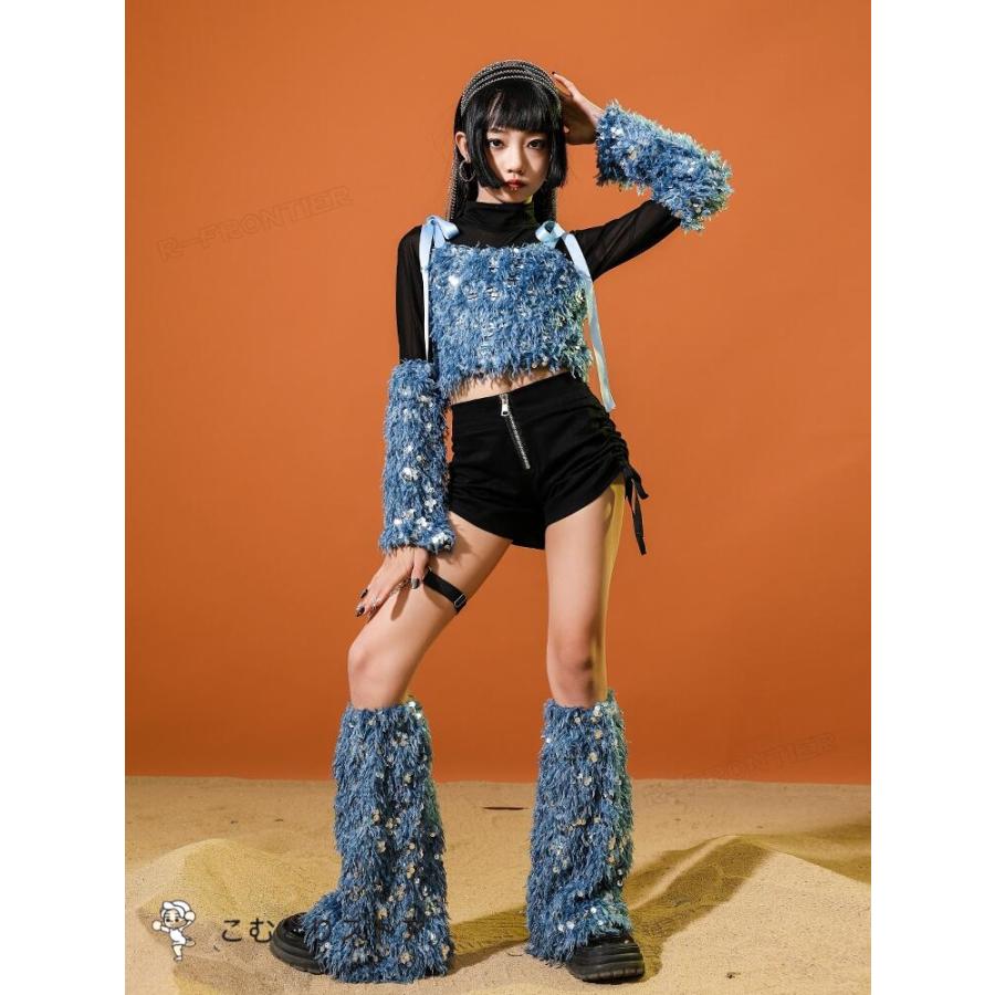 キッズ へそ出し トップス ダンス衣装 女の子 青 セットアップ キラキラ 長袖 黒 短パンツ かっこいい 韓国 k-pop衣装 ヒップホップ ジャズダンス スパンコール - 画像 (4)