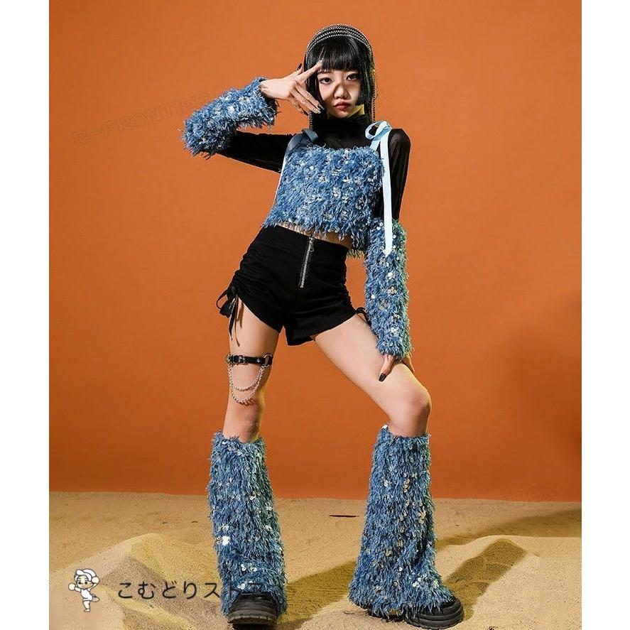 キッズ へそ出し トップス ダンス衣装 女の子 青 セットアップ キラキラ 長袖 黒 短パンツ かっこいい 韓国 k-pop衣装 ヒップホップ ジャズダンス スパンコール - 画像 (6)