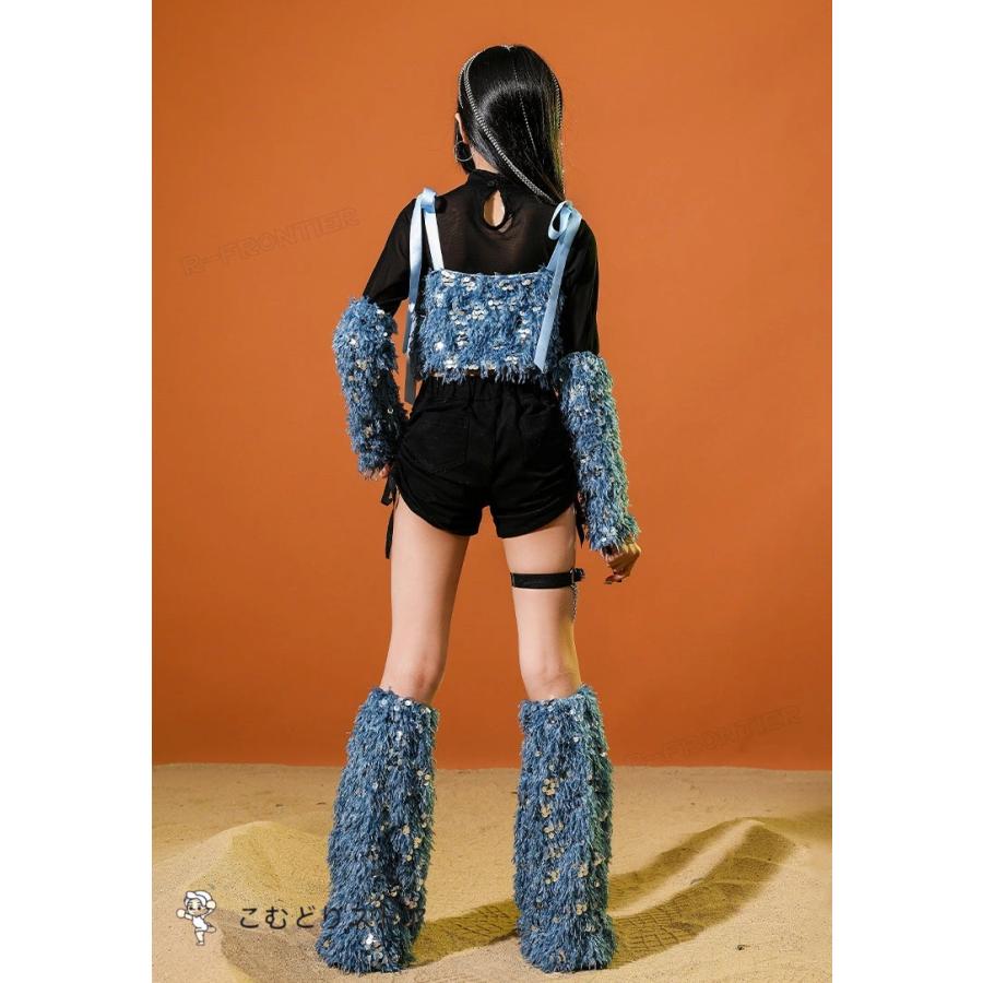 キッズ へそ出し トップス ダンス衣装 女の子 青 セットアップ キラキラ 長袖 黒 短パンツ かっこいい 韓国 k-pop衣装 ヒップホップ ジャズダンス スパンコール - 画像 (7)