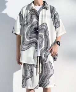 接触冷感 アロハシャツ セットアップ メンズ 上下セット 半袖シャツ ショートパンツ 2点セット 絞り染め 薄手 涼しい Tシャツ ハーフパンツ 短パ