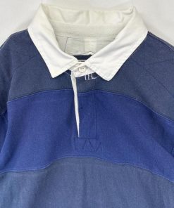 古着 エディーバウアー Eddie Bauer 長袖 ラガーシャツ ボーダー トレーナー ツートンカラー ワンポイントロゴ L  ネイビー メンズ