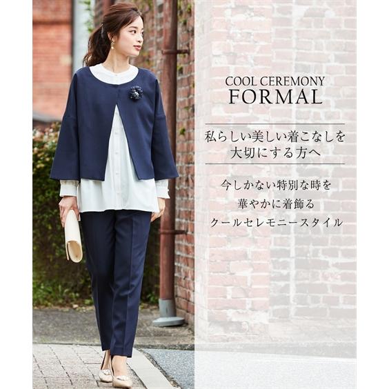ニッセン フォーマル 3点セット レディース 入学式 卒業式 パール調ボタン ブラウス + テーパード パンツスーツ コサージュ付 LL/3L nissen