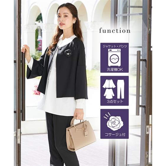 ニッセン フォーマル 3点セット レディース 入学式 卒業式 パール調ボタン ブラウス + テーパード パンツスーツ コサージュ付 LL/3L nissen - 画像 (2)