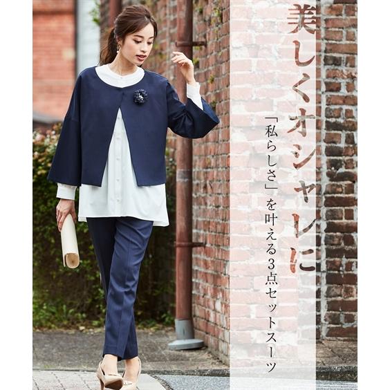 ニッセン フォーマル 3点セット レディース 入学式 卒業式 パール調ボタン ブラウス + テーパード パンツスーツ コサージュ付 LL/3L nissen - 画像 (3)