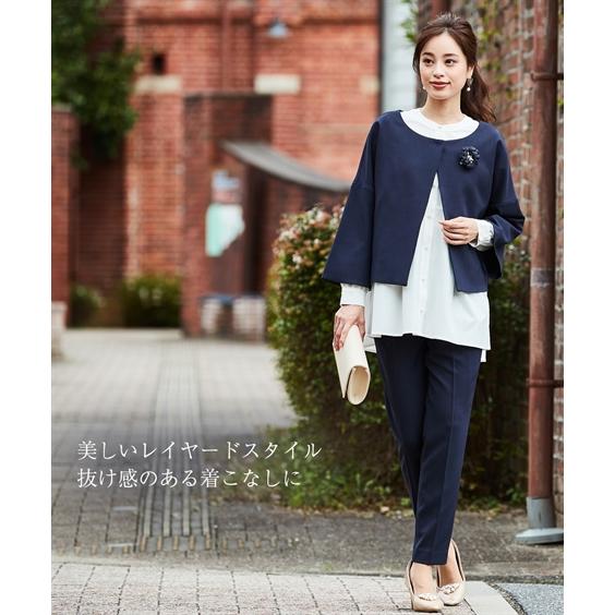 ニッセン フォーマル 3点セット レディース 入学式 卒業式 パール調ボタン ブラウス + テーパード パンツスーツ コサージュ付 LL/3L nissen - 画像 (5)