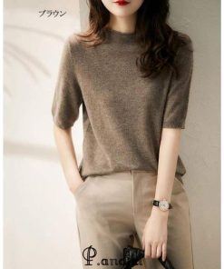 Tシャツ レディース 半袖 カットソー ハイネック 五分袖 リブ プルオーバー ストレッチ トップス 大きいサイズ カジュアル ニットウェア サマーニット 春 夏 ニ