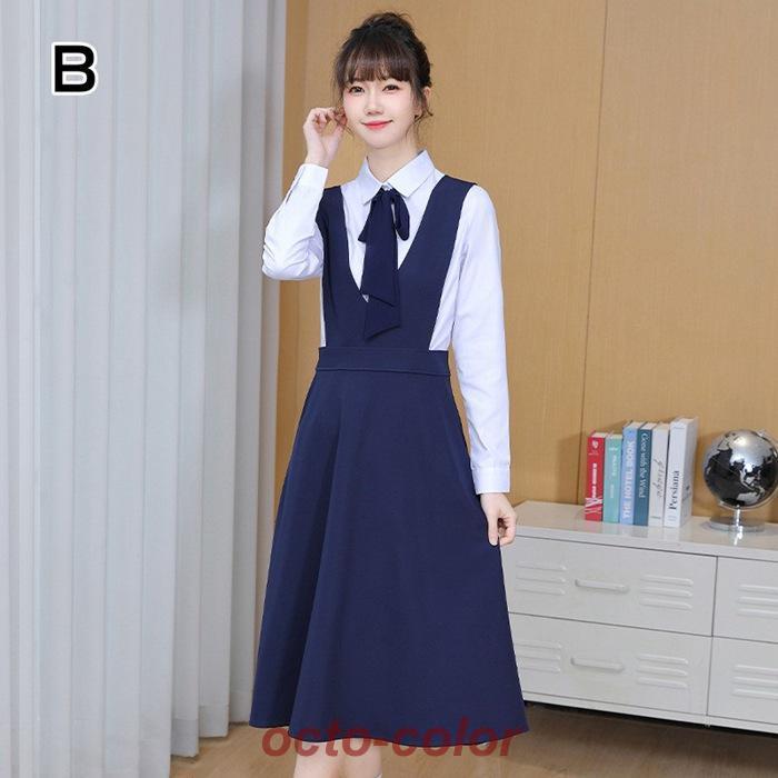 セットアップ ワンピーススーツPoint10倍! 結婚式 ワンピースセット セット ワンピーススーツ 袖あり ブラウス ワンピース ネイビー - 画像 (2)