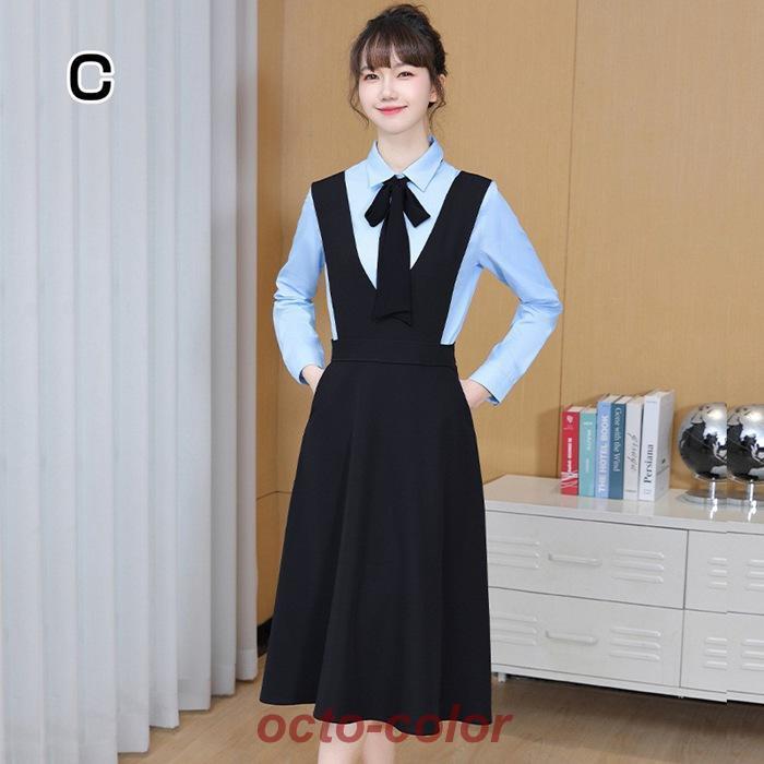 セットアップ ワンピーススーツPoint10倍! 結婚式 ワンピースセット セット ワンピーススーツ 袖あり ブラウス ワンピース ネイビー - 画像 (3)