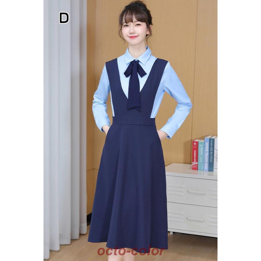 セットアップ ワンピーススーツPoint10倍! 結婚式 ワンピースセット セット ワンピーススーツ 袖あり ブラウス ワンピース ネイビー - 画像 (4)