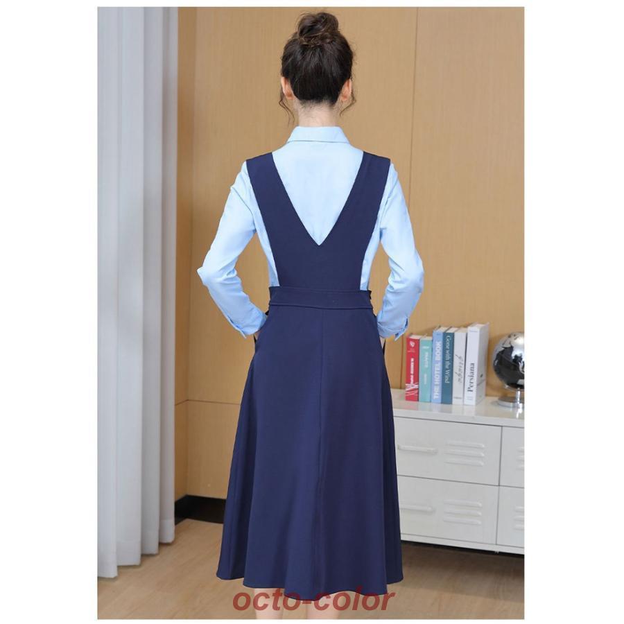 セットアップ ワンピーススーツPoint10倍! 結婚式 ワンピースセット セット ワンピーススーツ 袖あり ブラウス ワンピース ネイビー - 画像 (7)