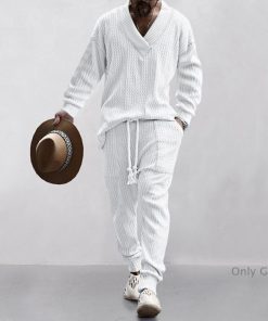 上下セット メンズ 秋 冬 セットアップ ニット ジャガード ルームウエア 無地 長袖 Vネック ロング丈 ロングパンツ ウエスト