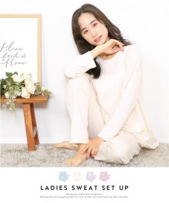 パジャマ レディース 長袖 かわいい ミニ裏毛 スウェット かぶり 上下 セット ルームウェア 春 秋 無地 上下セット 大人用 Roomsuppli w3-72525