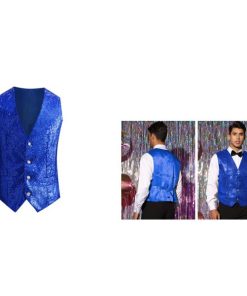 Lars Amadeus チョッキ用スパンコール スーツ ベスト Vネック ノースリーブ ディスコ 光る メンズ ブルー L