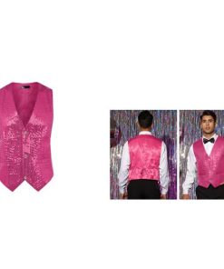 Lars Amadeus スパンコールベスト スーツ チョッキ 光沢のある Vネック パーティー ノースリーブ バーテンダー メンズ ローズレッド L