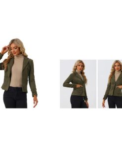 Allegra K ブレザースーツ フェイクスエード 長袖 オープンフロント ドローストリング カジュアル レディース オリーブグリーン S