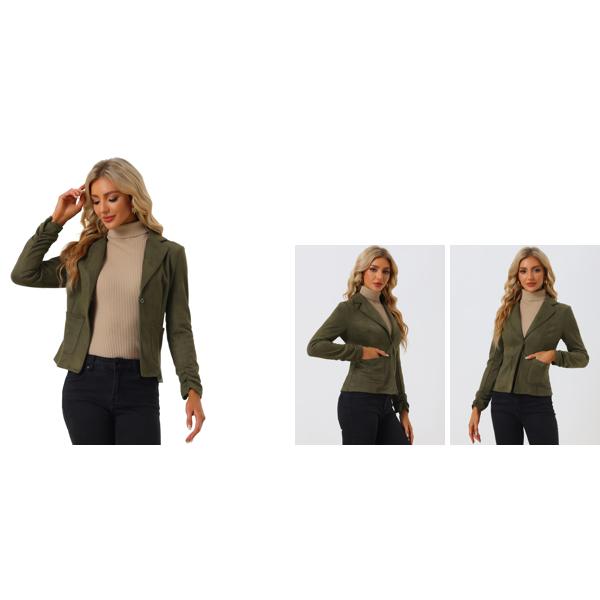 Allegra K ブレザースーツ フェイクスエード 長袖 オープンフロント ドローストリング カジュアル レディース オリーブグリーン S