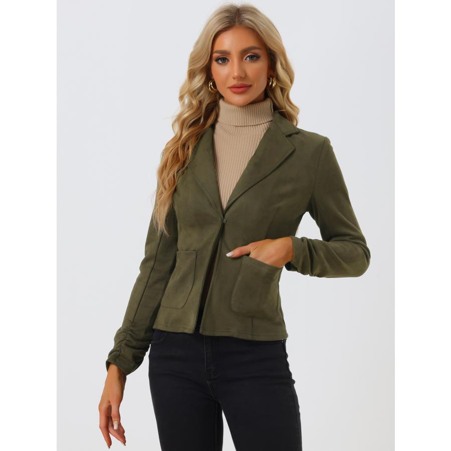 Allegra K ブレザースーツ フェイクスエード 長袖 オープンフロント ドローストリング カジュアル レディース オリーブグリーン S - 画像 (2)