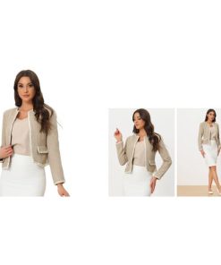 Allegra K ツイードチェック柄ブレザー ショートジャケット 長袖 オープンフロント ハロウィン衣装 ワーク オフィス レディース カーキxL