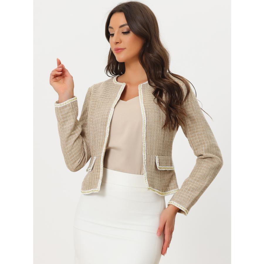 Allegra K ツイードチェック柄ブレザー ショートジャケット 長袖 オープンフロント ハロウィン衣装 ワーク オフィス レディース カーキxL - 画像 (3)