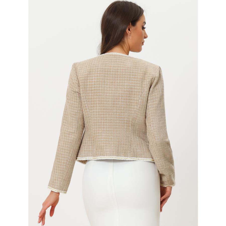 Allegra K ツイードチェック柄ブレザー ショートジャケット 長袖 オープンフロント ハロウィン衣装 ワーク オフィス レディース カーキxL - 画像 (4)